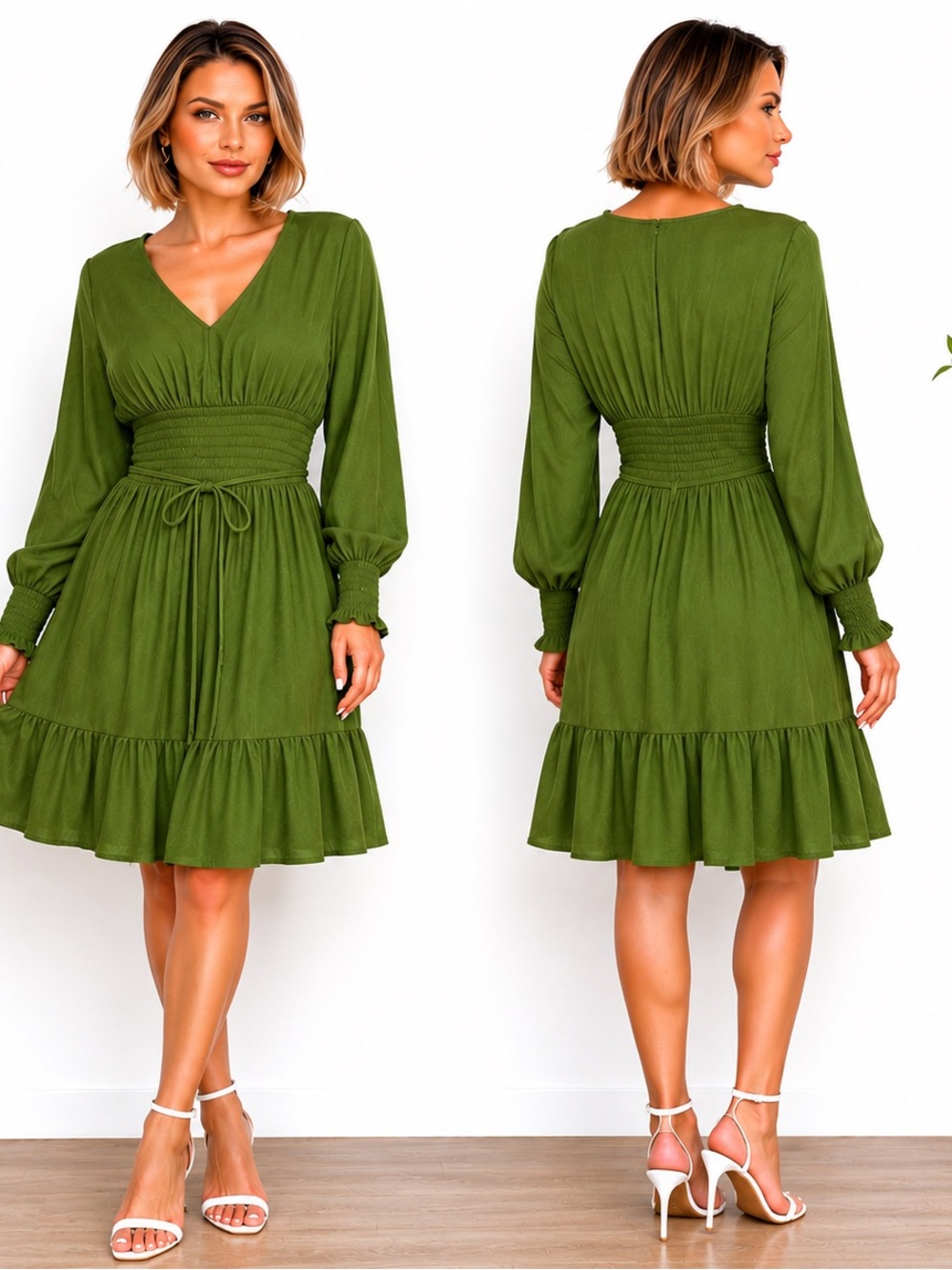 Women’s Olive Green Boho Midi Dress Smocked Waist Long Sleeve Size L